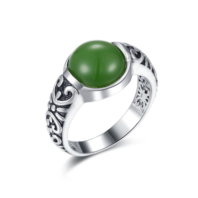 Высекаенное 925 кольцо нефрита серебряного круга колец 10x10mm драгоценной камня форменное темное ое-зелен